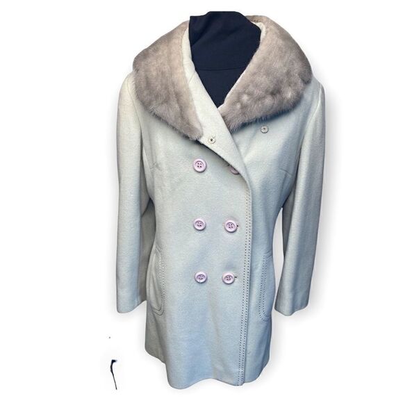 Vintage Icy Mint Green wool blend coat with silver mink collar 1950s retro - Picture 1 of 13